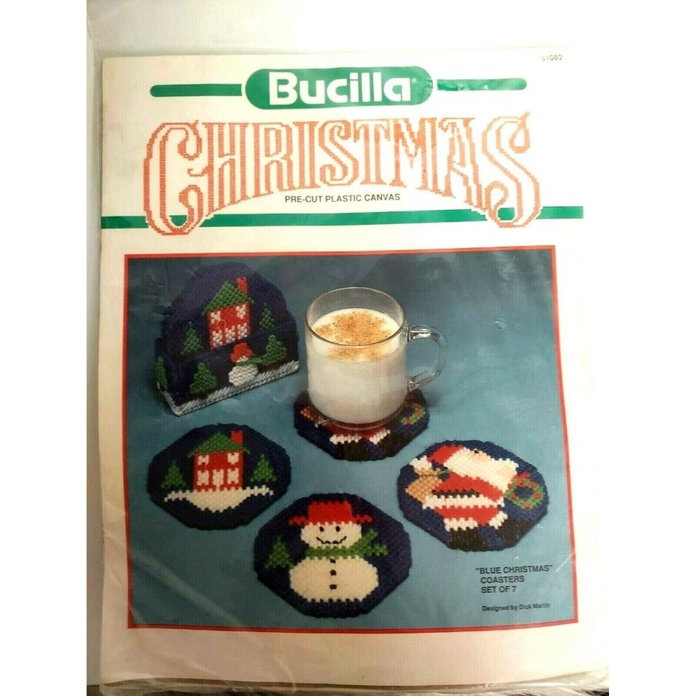 Bucilla‎ Blue Christmas Coasters Set of 7 Pre-cut Plastic Canvas